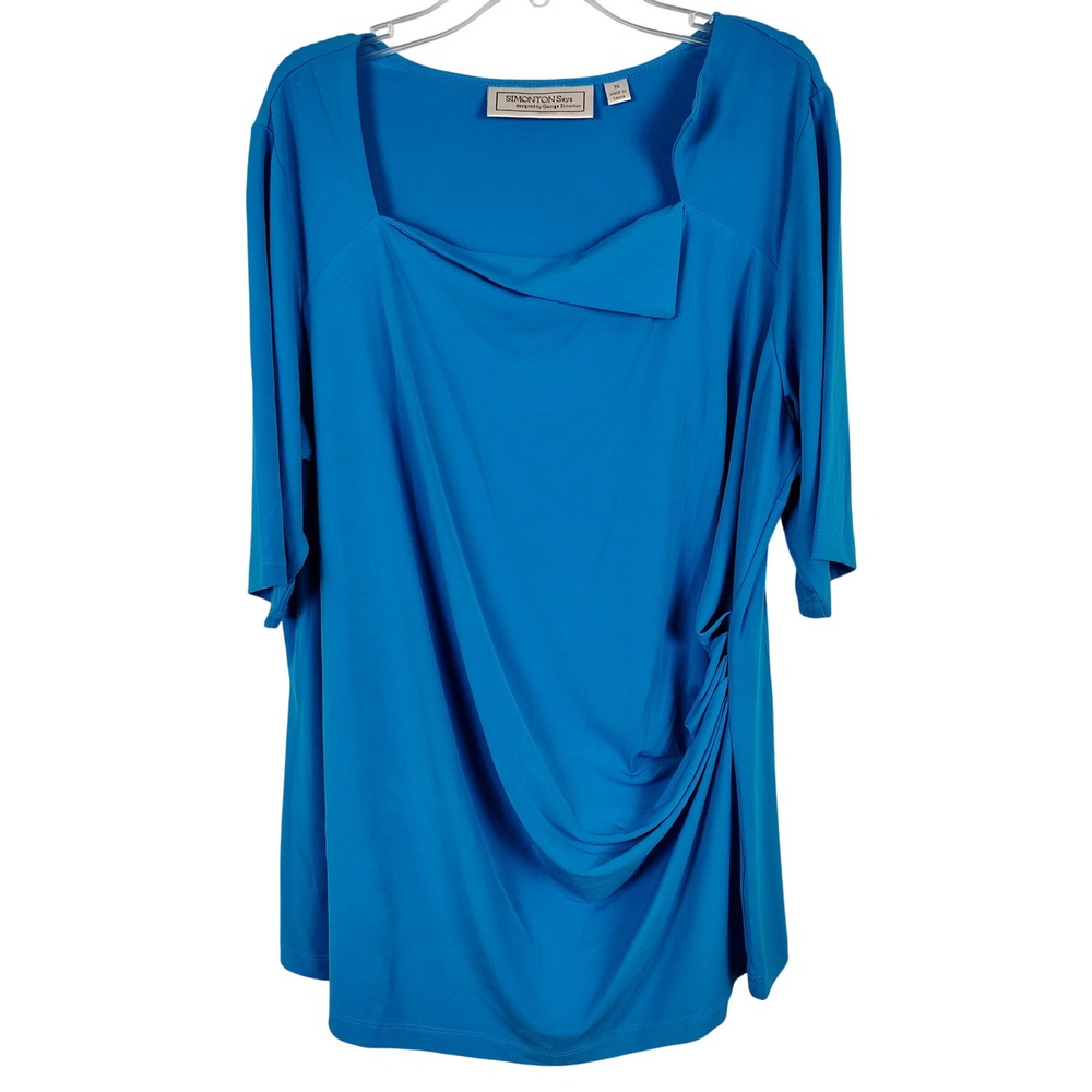 Womens 1X Simonton Says Asymmetrical Ruched Top Blue Stretch Minimalist Chic